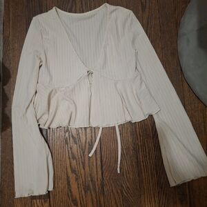 SHEIN Cream Ribbed Tie-Front Peplum Crop Top